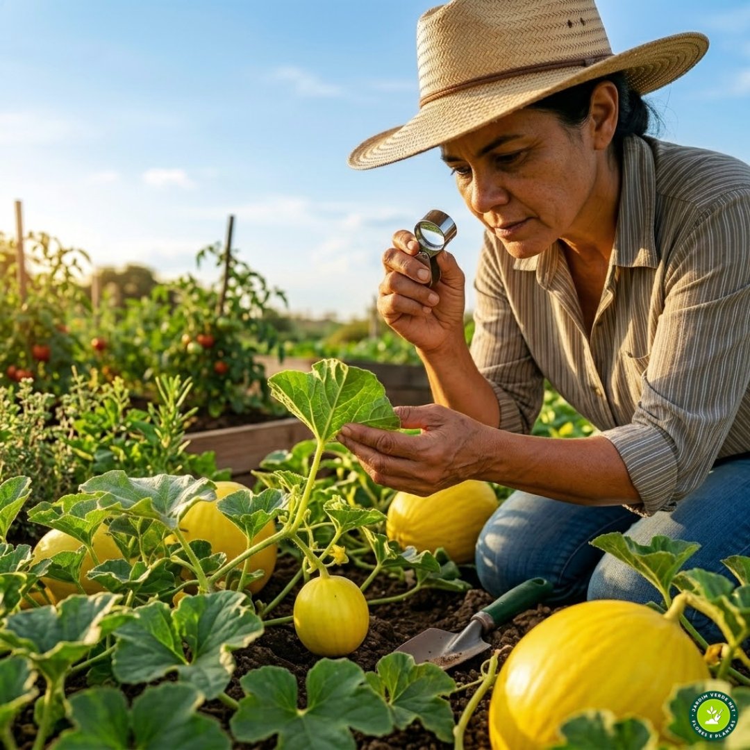 Agricultora urbana em uma horta doméstica, usando uma lupa para inspecionar a face inferior de uma folha de meloeiro. Ao fundo, canteiros elevados de madeira com hortaliças, em um ambiente de cultivo orgânico residencial