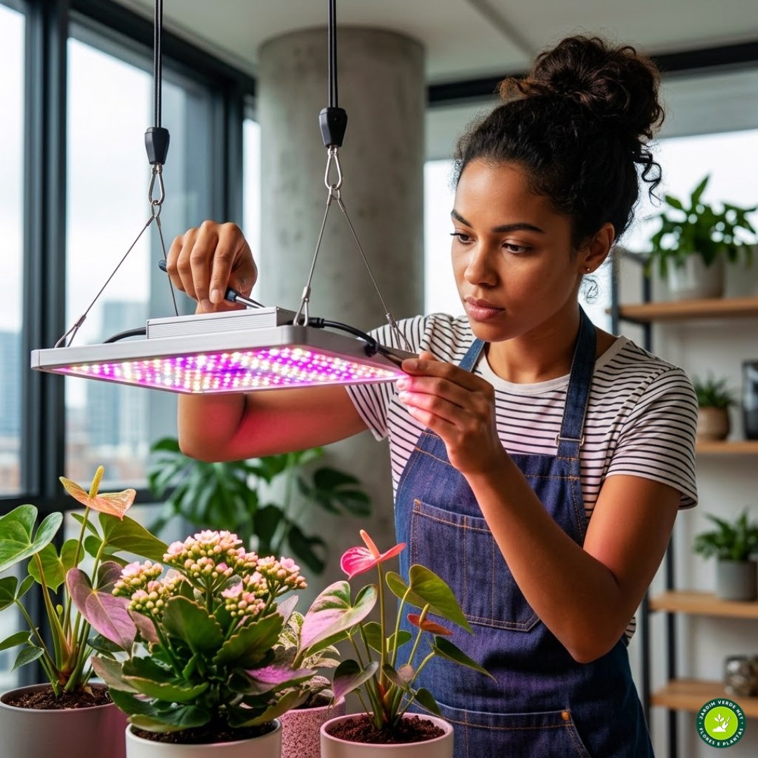Jovem instalando e ajustando a altura de um painel de LED grow light full-spectrum suspenso sobre plantas tropicais em um apartamento contemporâneo