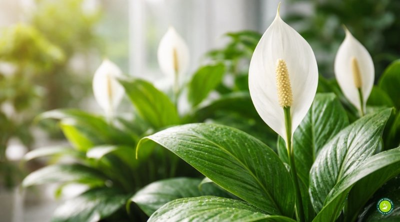 Lírio-da-paz com flores brancas saudáveis em ambiente interno com luz indireta