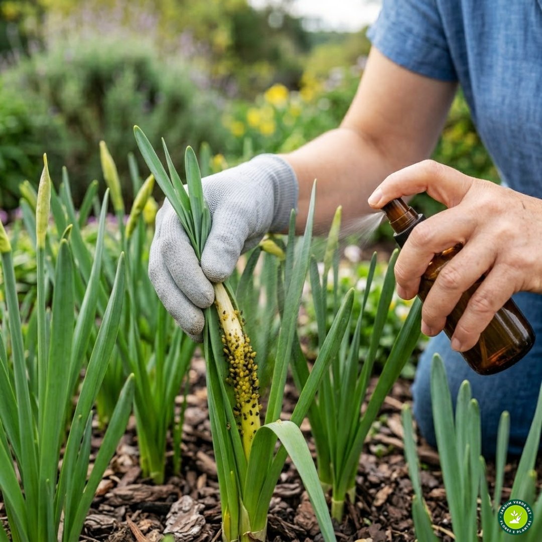 Pessoa pulverizando solução de sabão de coco na base das folhas de um narciso em crescimento para controlar colônia de pulgões verdes.