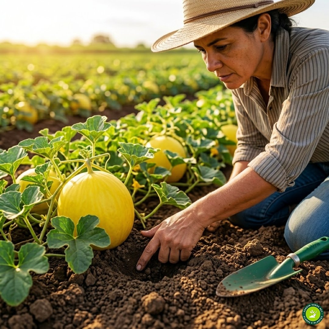 Close-up ultrarrealista da mão de uma agricultora brasileira verificando a umidade e textura do solo franco-arenoso ao redor de um melão amarelo maduro, durante a luz dourada do fim de tarde em uma plantação técnica