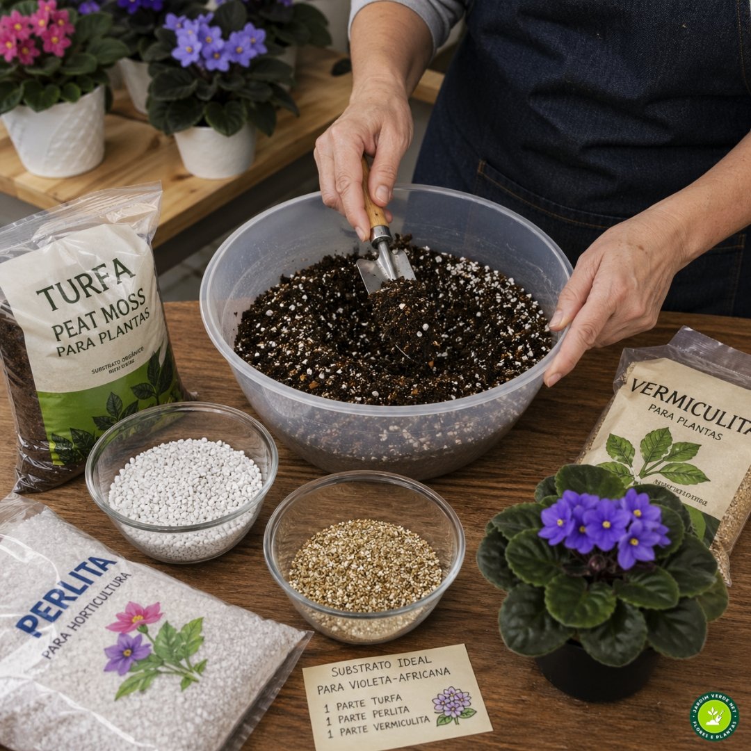 Close-up ultrarrealista das mãos de um jardineiro misturando turfa, perlita e vermiculita em um vaso de terracota em uma bancada de madeira, mostrando a composição 1:1:1 para substrato de violeta-africana