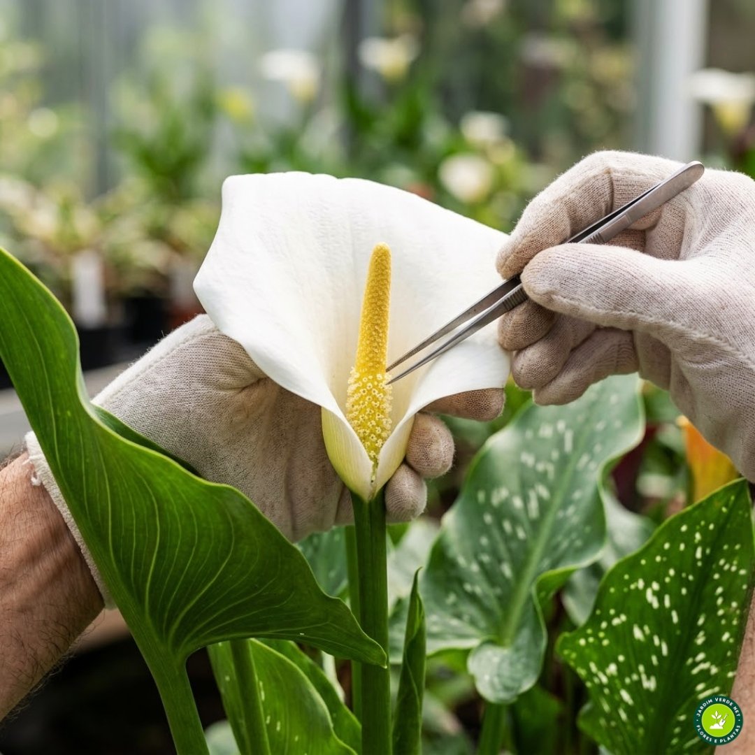 Close-up ultrarrealista das mãos de um especialista em botânica, vestindo luvas de algodão, dissecando longitudinalmente um copo-de-leite branco (Zantedeschia aethiopica) com uma pinça de precisão. A imagem revela o espádice amarelo interno coberto por minúsculas flores verdadeiras, separado da espata branca