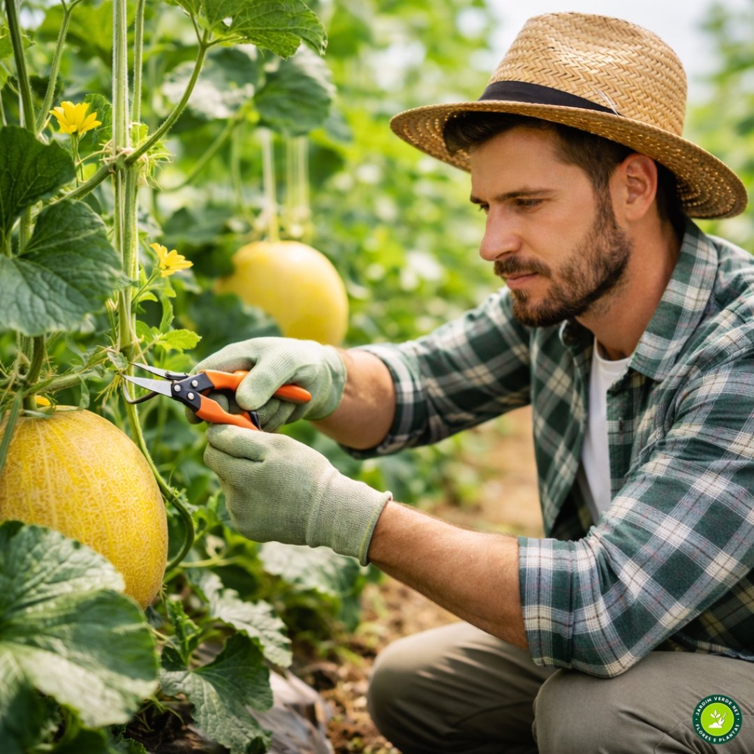 Pessoa realizando poda do meloeiro com tesoura de poda adequada em cultivo tutorado de melão