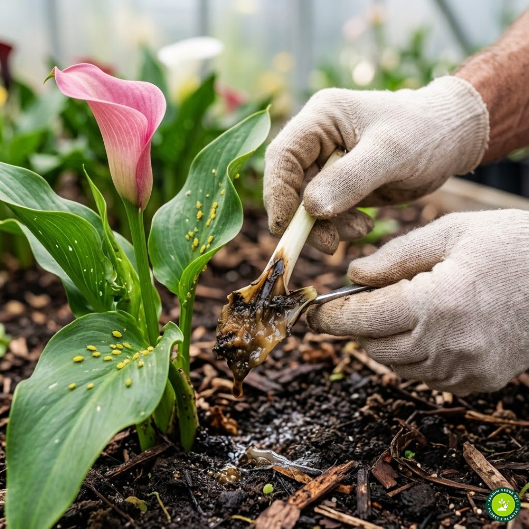 Close-up ultrarrealista das mãos de um especialista em botânica, vestindo luvas de algodão, inspecionando uma planta Zantedeschia com sintomas de Podridão Mole do Rizoma (Erwinia carotovora). A base da haste está escura, mole e aquosa. Uma colônia de pulgões verdes (Aphis gossypii) é visível em uma folha adjacente e um rastro de muco prateado de lesma cruza o solo úmido e granular