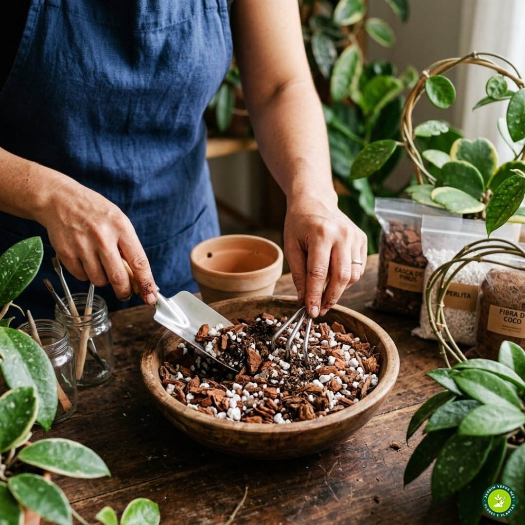 Mãos de uma pessoa misturando casca de pinus e perlita para o substrato de uma flor-de-cera