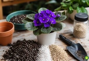Violeta-africana em vaso com substrato leve contendo perlita, vermiculita e matéria orgânica para cultivo saudável