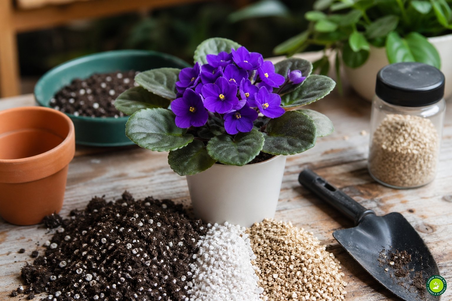 Violeta-africana em vaso com substrato leve contendo perlita, vermiculita e matéria orgânica para cultivo saudável