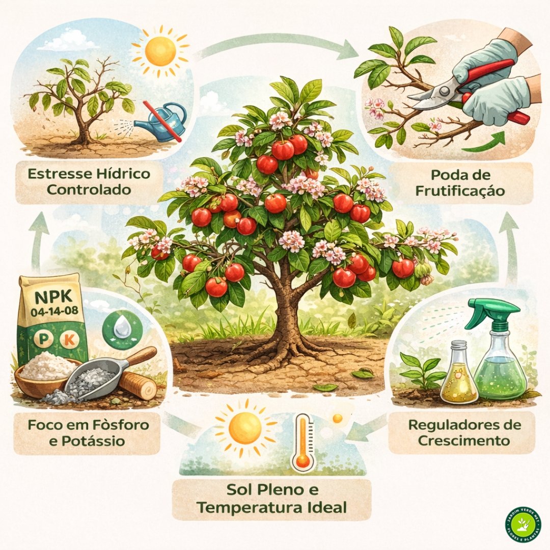 Infográfico ilustrado mostrando técnicas para induzir florada na aceroleira, incluindo estresse hídrico, poda, adubação com fósforo e potássio, uso de reguladores e exposição ao sol