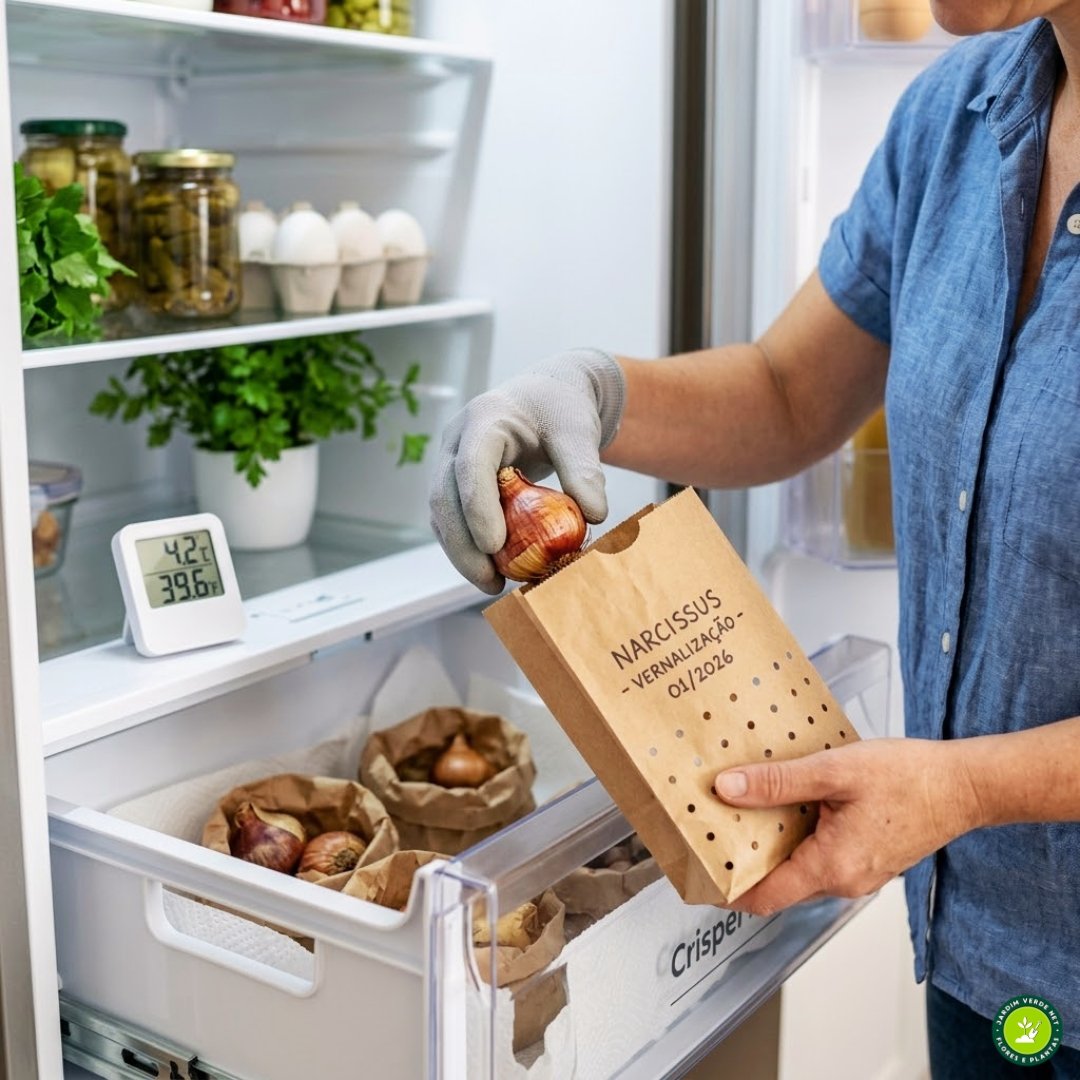 Mãos com luva de jardinagem manuseando bulbos de narciso secos dentro da gaveta de legumes de uma geladeira, ilustrando o processo de vernalização artificial a 5°C.