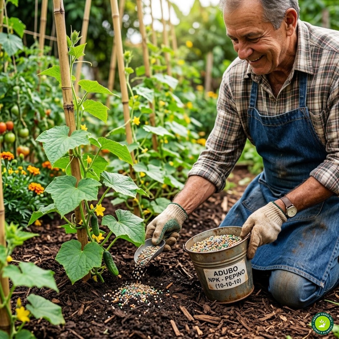 Foto em close aplicando fertilizante granulado azul na base de uma muda de pepino jovem com folhas verdes e pequenas flores amarelas, em um solo escuro e adubado
