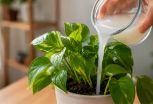 Pessoa despejando líquido esbranquiçado em uma planta jiboia dentro de casa como fertilizante natural caseiro