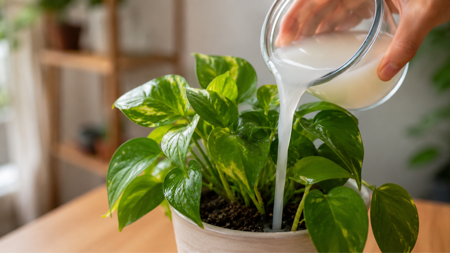 Pessoa despejando líquido esbranquiçado em uma planta jiboia dentro de casa como fertilizante natural caseiro