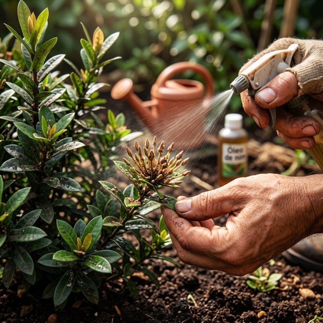Mão de um jardineiro aplicando spray de óleo de nim em botões de ixora afetados por pragas em um jardim