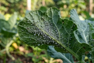 Infestação severa de pulgão-da-couve (Brevicoryne brassicae) na parte inferior de uma folha de couve orgânica, mostrando colônias de insetos cinzas e pequenas formigas