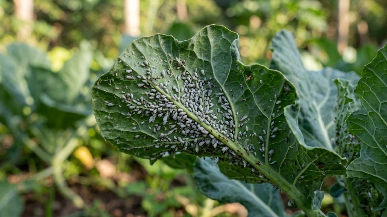 Infestação severa de pulgão-da-couve (Brevicoryne brassicae) na parte inferior de uma folha de couve orgânica, mostrando colônias de insetos cinzas e pequenas formigas