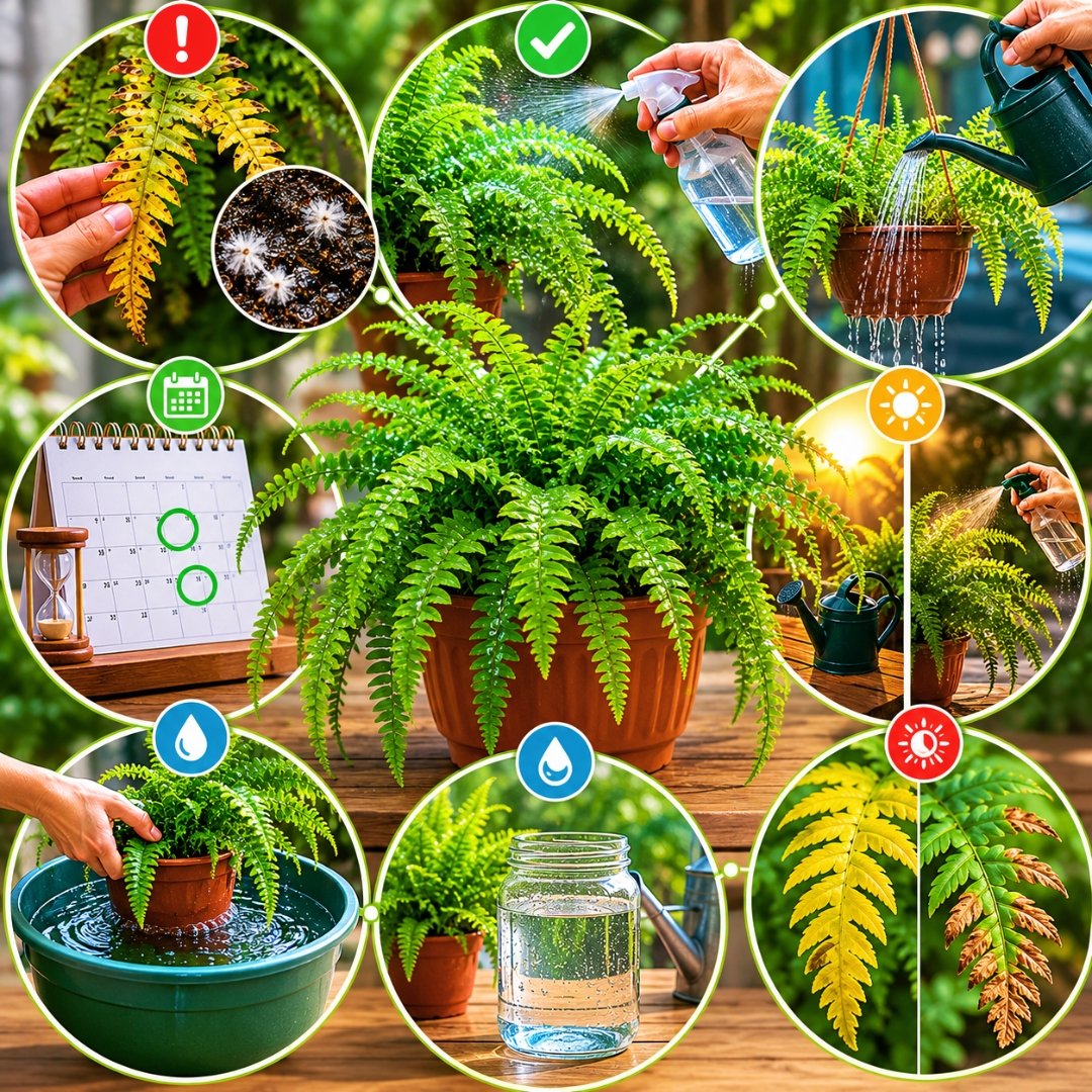 Infográfico ilustrado mostrando cuidados essenciais com samambaia, incluindo rega, borrifação, excesso de água e recuperação da planta