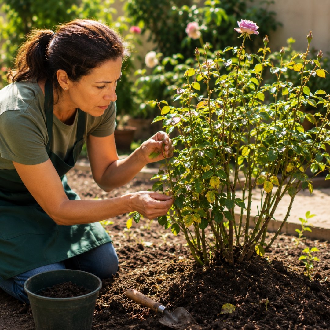 Mulher analisando folhas de uma roseira com poucas flores em jardim ensolarado para identificar sinais de solo empobrecido