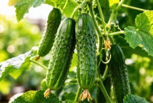 Pepinos verdes crescendo em ramas tutoradas com folhas saudáveis em cultivo doméstico sob luz natural