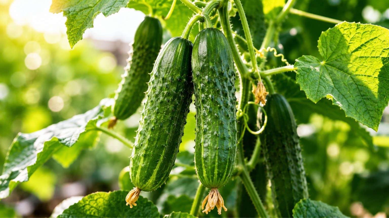 Pepinos verdes crescendo em ramas tutoradas com folhas saudáveis em cultivo doméstico sob luz natural