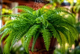 Samambaia verde e saudável sendo regada corretamente em vaso suspenso com fundo desfocado