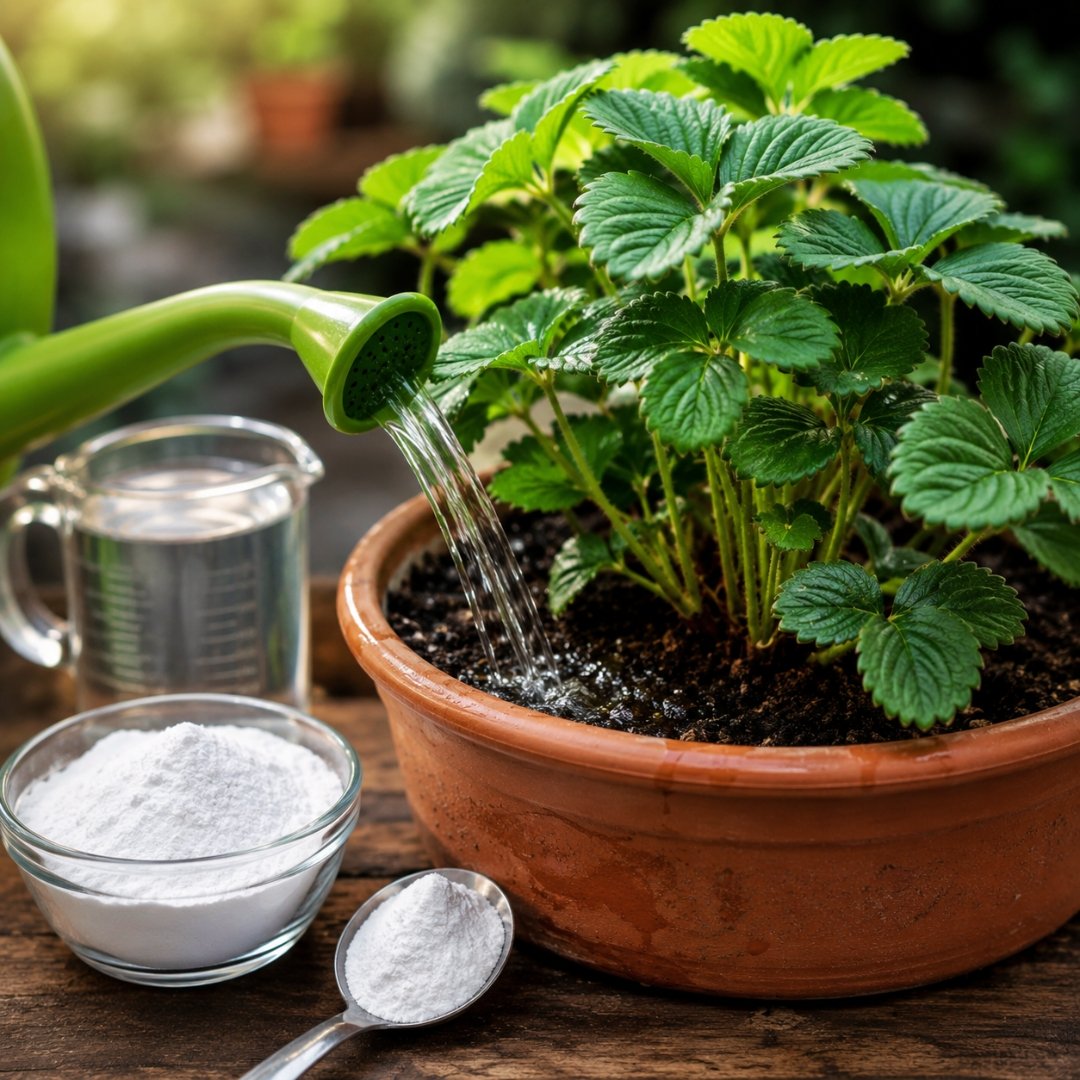 Morangueiro saudável em vaso recebendo rega com solução de bicarbonato de sódio em ambiente de jardim com fundo desfocado