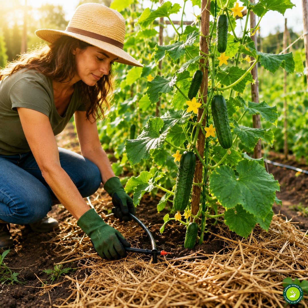 Mulher ajustando irrigação por gotejamento em cultivo tutorado de pepino com cobertura morta e plantas saudáveis sob sol pleno