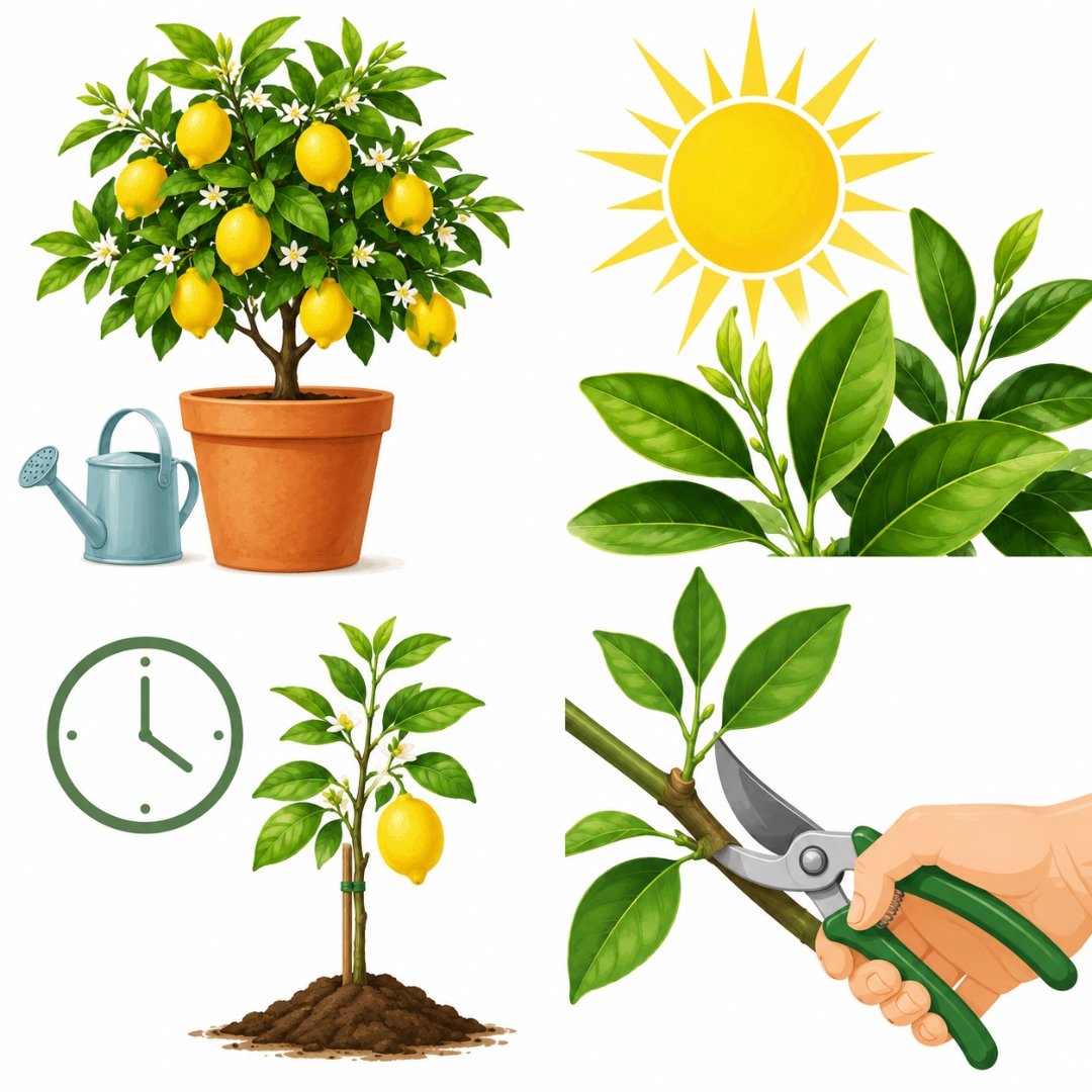 Infográfico ilustrativo em fundo branco mostrando quatro cuidados com o limão siciliano: cultivo em vasos grandes, necessidade de sol pleno, tempo para frutificar e manejo de podas