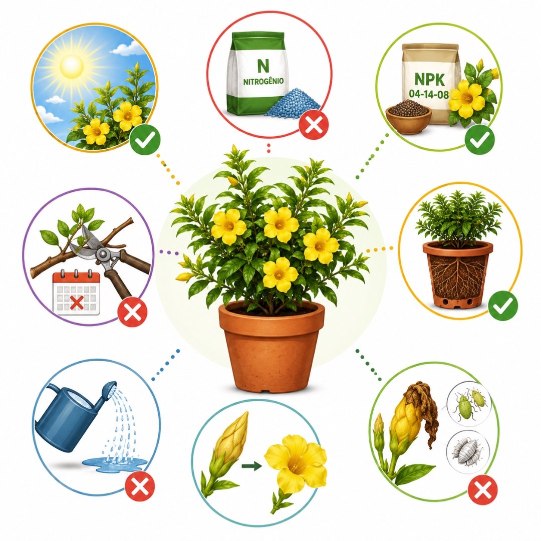 Infográfico ilustrado mostrando cuidados importantes para fazer a alamanda florescer, incluindo sol pleno, adubação equilibrada e drenagem adequada.
