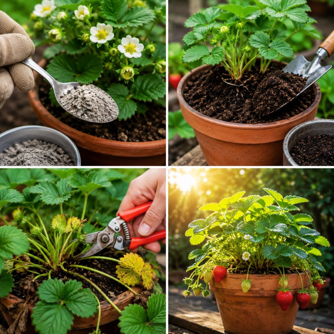 Colagem com diferentes cuidados no cultivo do morangueiro, incluindo adubação, renovação do substrato, poda e exposição ao sol