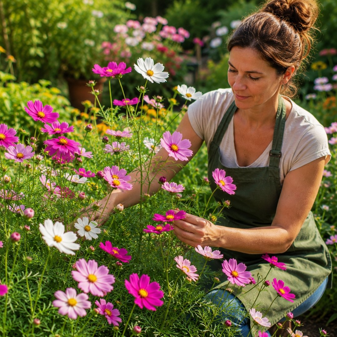 Mulher cuidando de flores cosmos rosas e brancas em jardim ensolarado com vegetação abundante