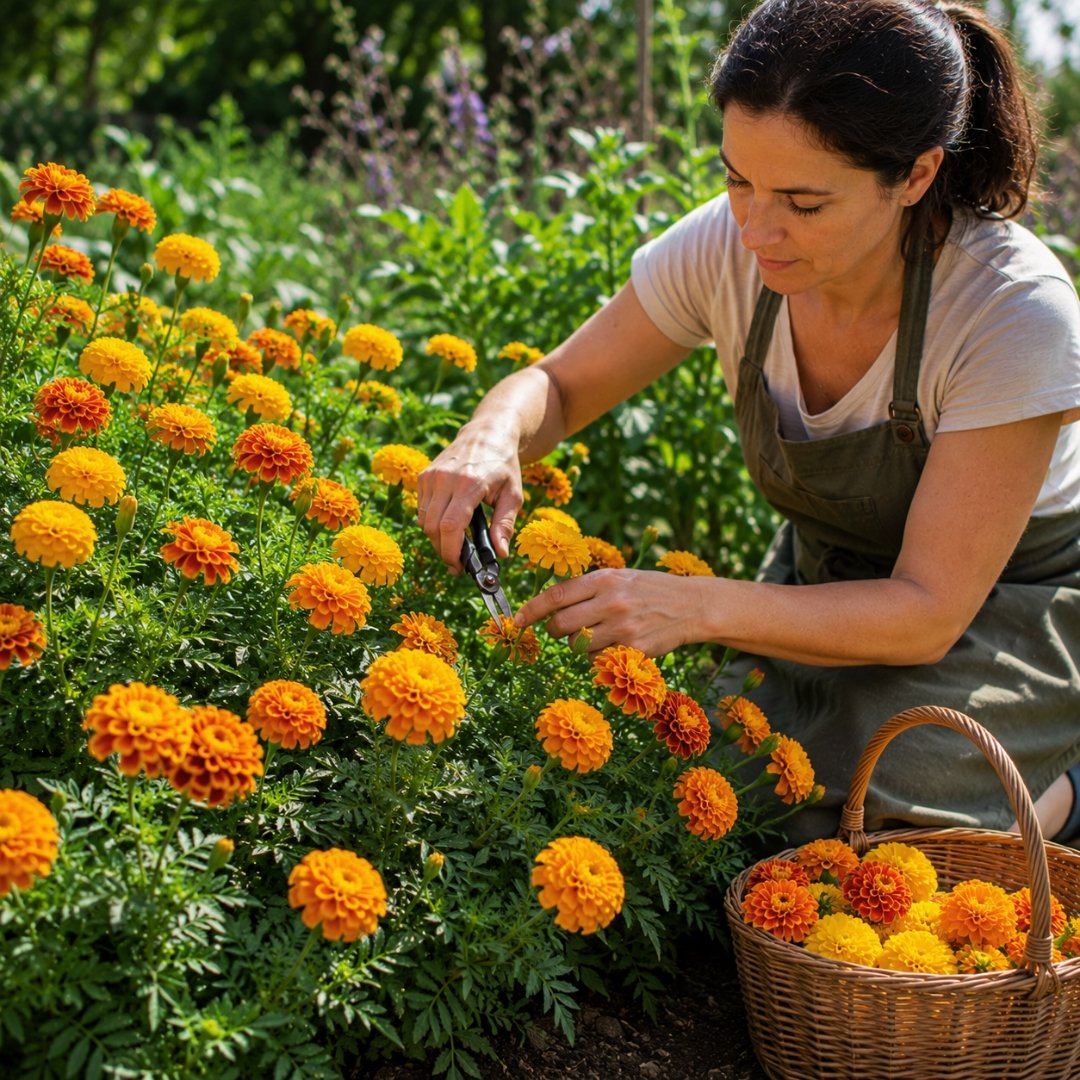 Jardineiro removendo flores secas de tagetes alaranjados em canteiro ensolarado de jardim
