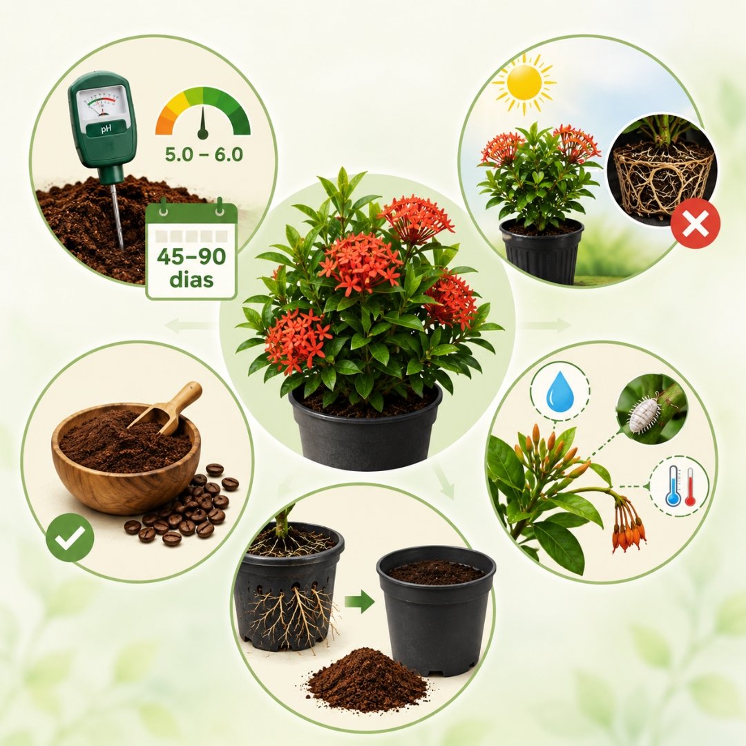 Infográfico ilustrado com cuidados essenciais para ixora, incluindo controle de pH, raízes apertadas no vaso, luminosidade, rega e floração