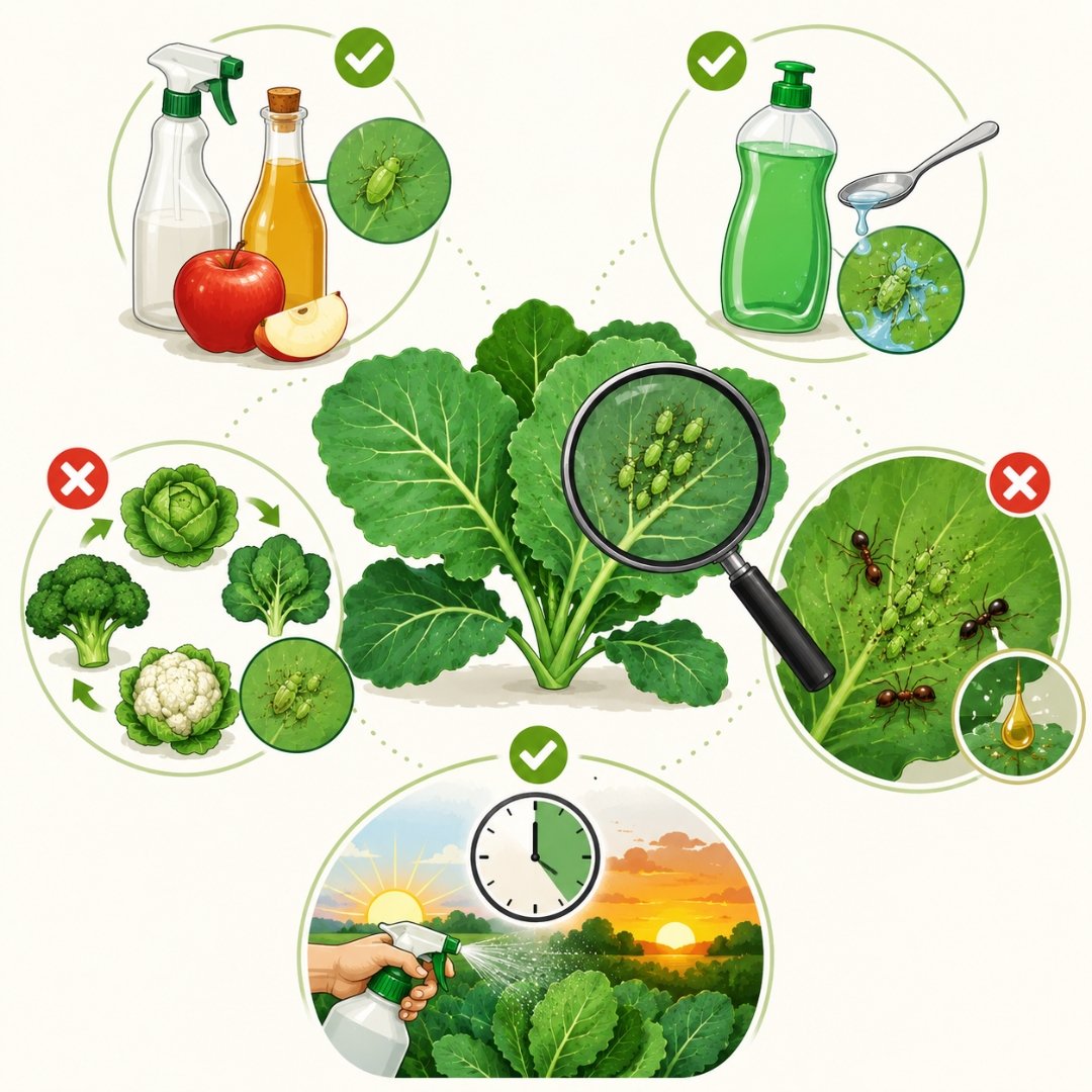 Infográfico ilustrado mostrando cuidados naturais no controle do pulgão-da-couve em hortas domésticas