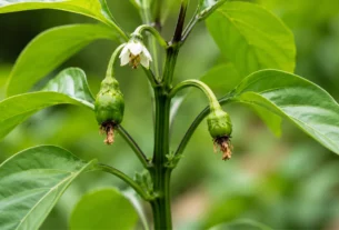 Pequenos frutos de pimentão em desenvolvimento na planta, ilustrando problemas de frutificação relacionados às condições do solo.