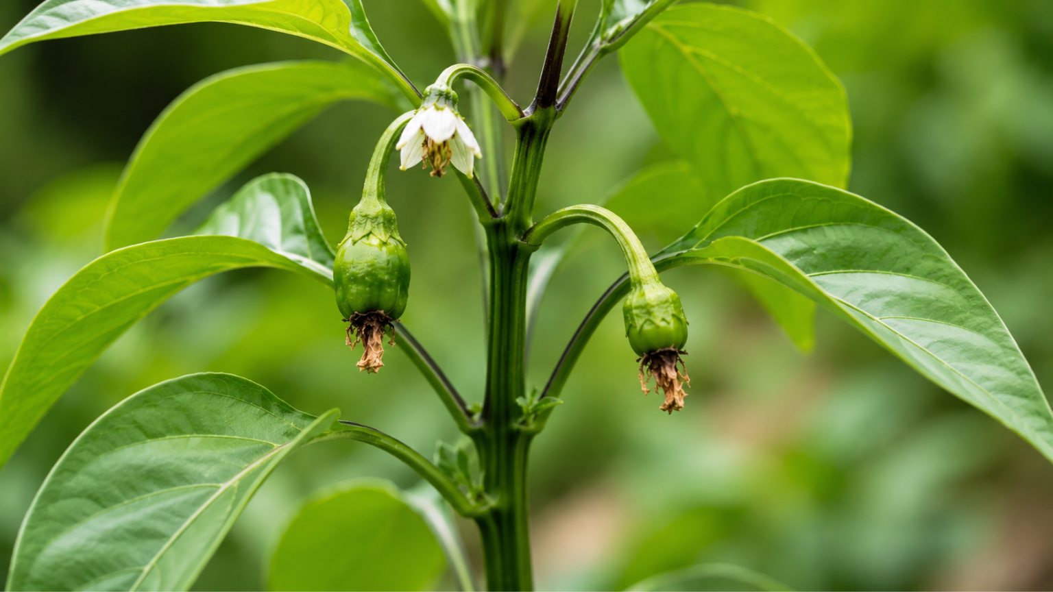 Pequenos frutos de pimentão em desenvolvimento na planta, ilustrando problemas de frutificação relacionados às condições do solo.