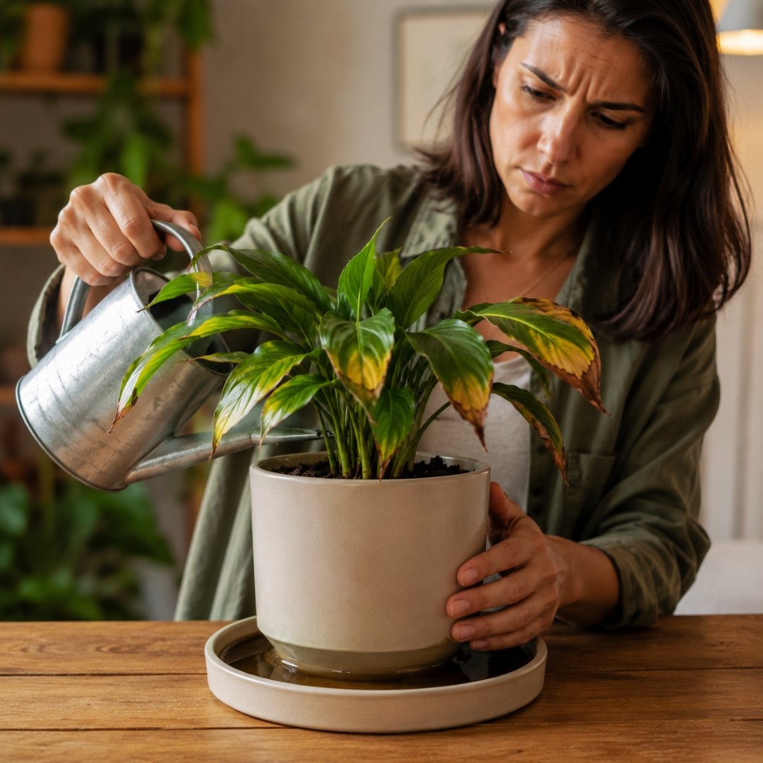 Mulher regando planta ornamental em vaso com pratinho cheio de água em ambiente interno