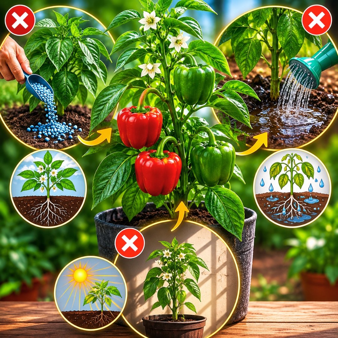 **Texto Alternativo (ALT)**

Infográfico ilustrado mostrando os principais erros no cultivo de pimentão: excesso de nitrogênio, rega excessiva e falta de luz solar direta, fatores que reduzem a produção de flores e frutos.

**Legenda**

Três erros comuns podem impedir o pimentão de atingir seu potencial produtivo: excesso de nitrogênio, irrigação inadequada e deficiência de luz solar.

**Descrição da imagem**

Infográfico visual em estilo ilustrado apresentando uma planta de pimentão saudável ao centro, cercada por representações dos três erros mais frequentes no cultivo doméstico. As ilustrações mostram adubação nitrogenada em excesso, solo encharcado por rega inadequada e cultivo com iluminação insuficiente. O conjunto destaca como práticas aparentemente simples podem comprometer a floração, a frutificação e a qualidade da colheita
