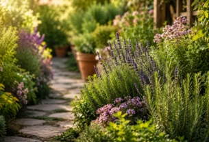 Jardim perfumado com lavanda, alecrim e ervas aromáticas cultivadas ao longo de um caminho ensolarado
