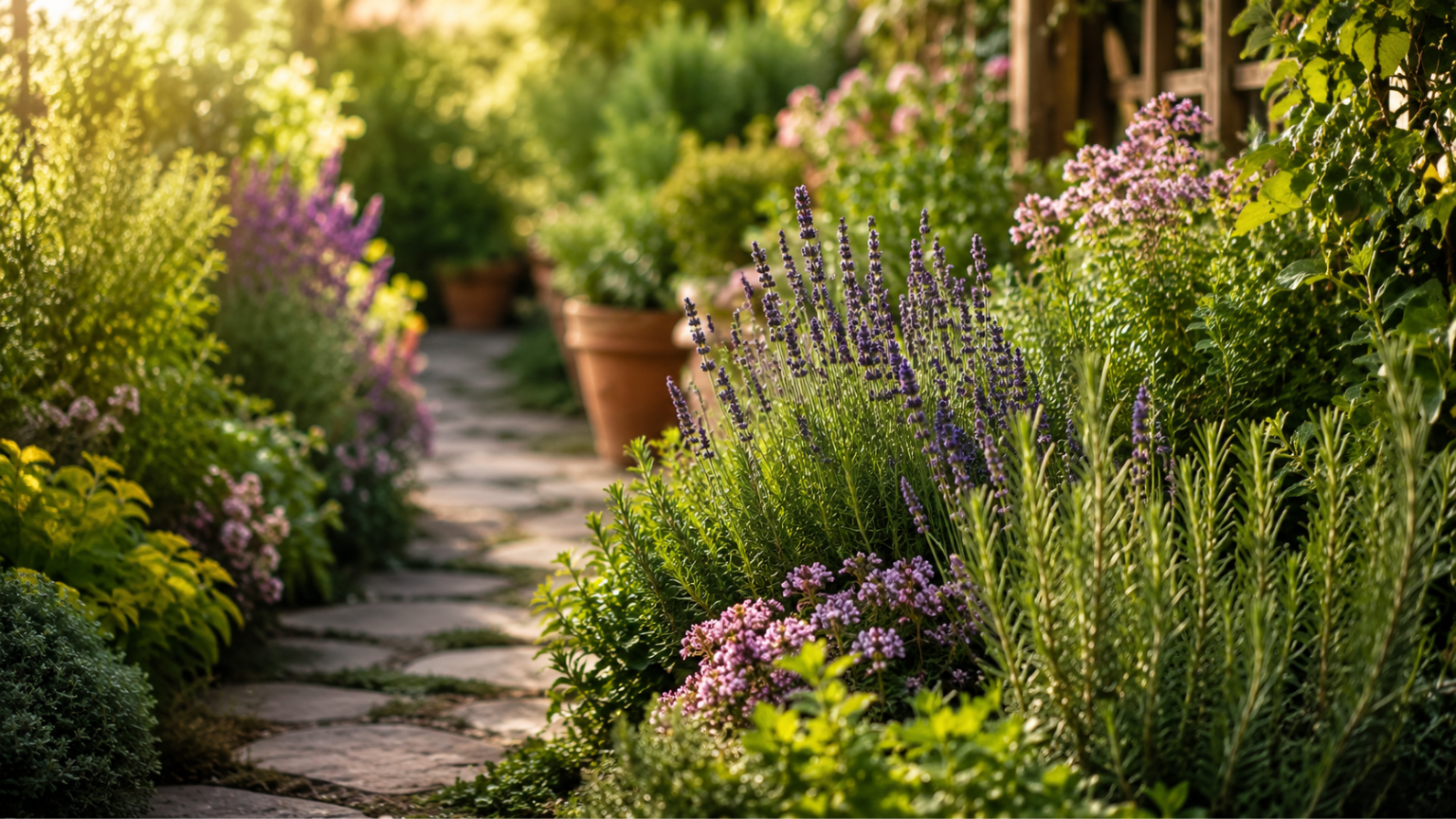 Jardim perfumado com lavanda, alecrim e ervas aromáticas cultivadas ao longo de um caminho ensolarado