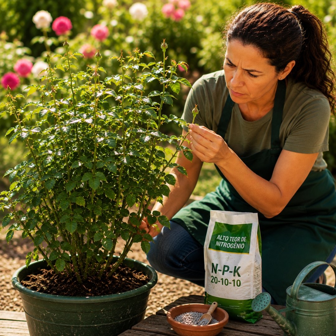 Mulher analisando roseira muito verde em vaso ao lado de adubo rico em nitrogênio em jardim ensolarado