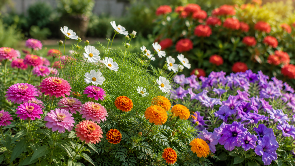 Canteiro com zínias, cosmos, tagetes e petúnias florindo em jardim ensolarado com ixora desfocada ao fundo