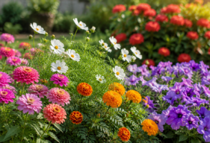 Canteiro com zínias, cosmos, tagetes e petúnias florindo em jardim ensolarado com ixora desfocada ao fundo