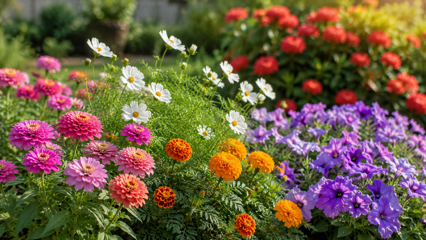 Canteiro com zínias, cosmos, tagetes e petúnias florindo em jardim ensolarado com ixora desfocada ao fundo