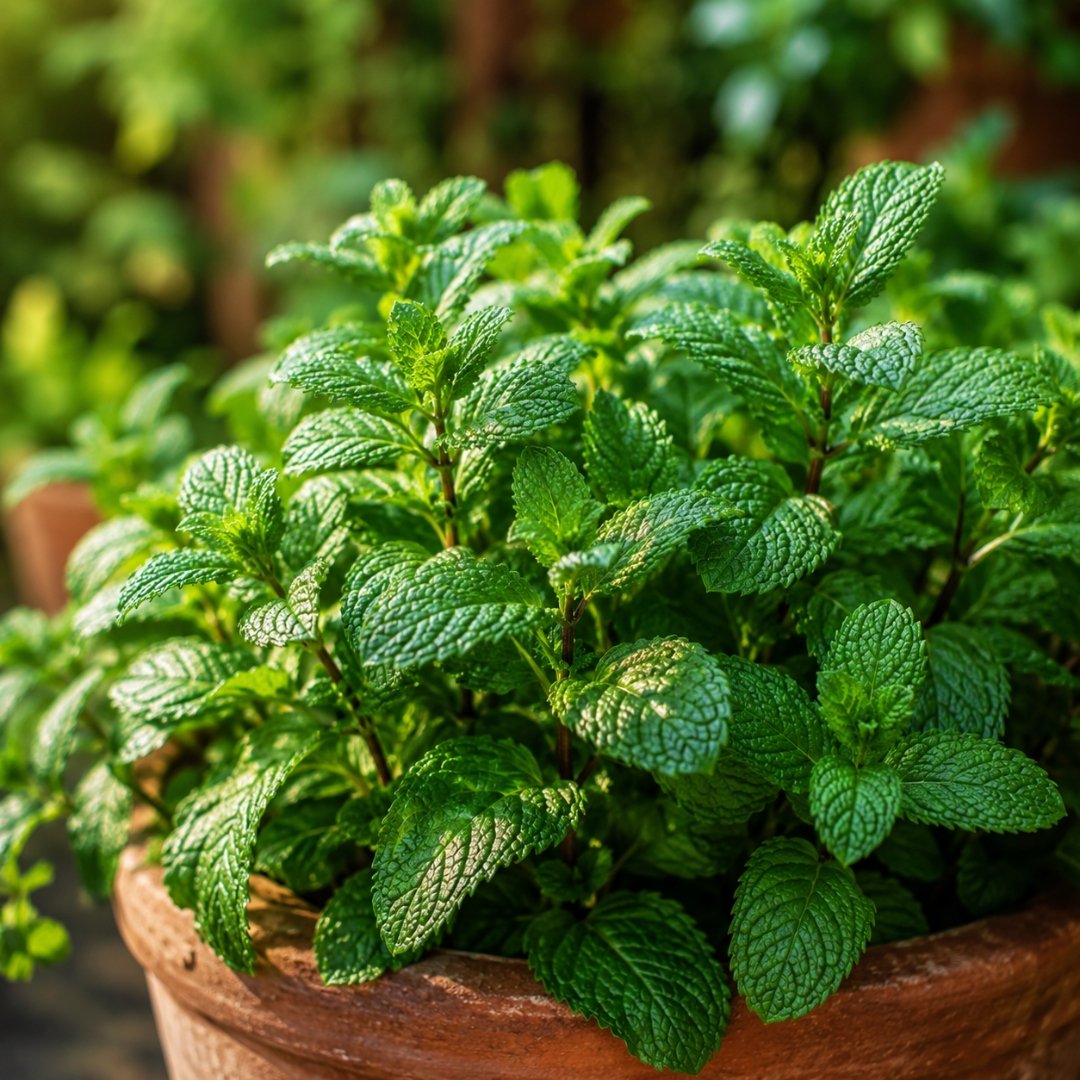 Hortelã verde cultivada em vaso de barro com folhas aromáticas em destaque