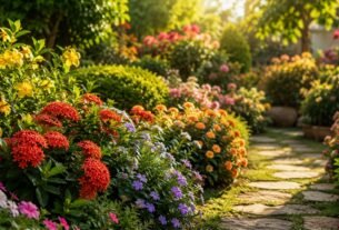 jardim com flores em diferentes estágios de floração mostrando variedade de plantas ao longo do ano