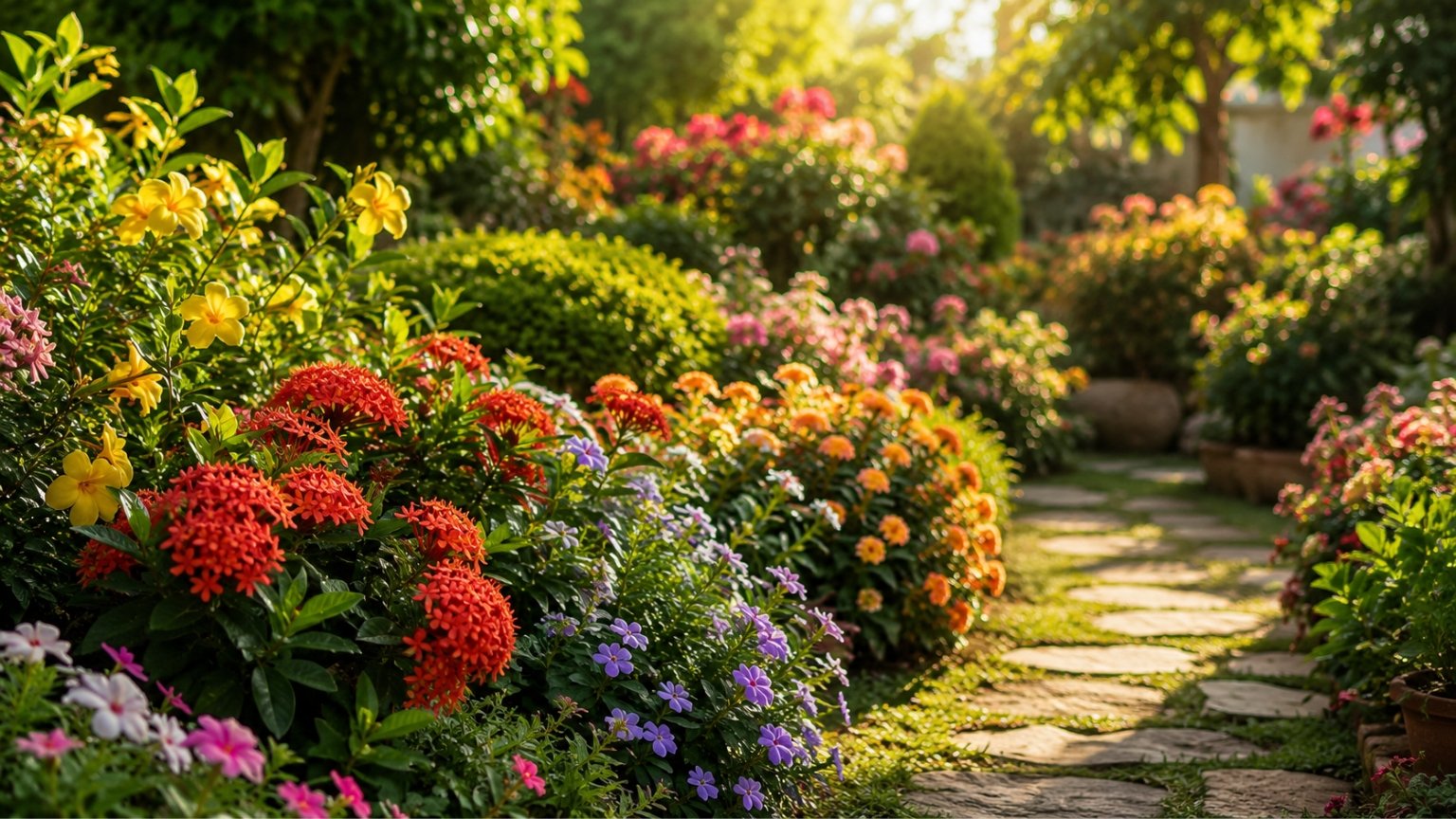 jardim com flores em diferentes estágios de floração mostrando variedade de plantas ao longo do ano