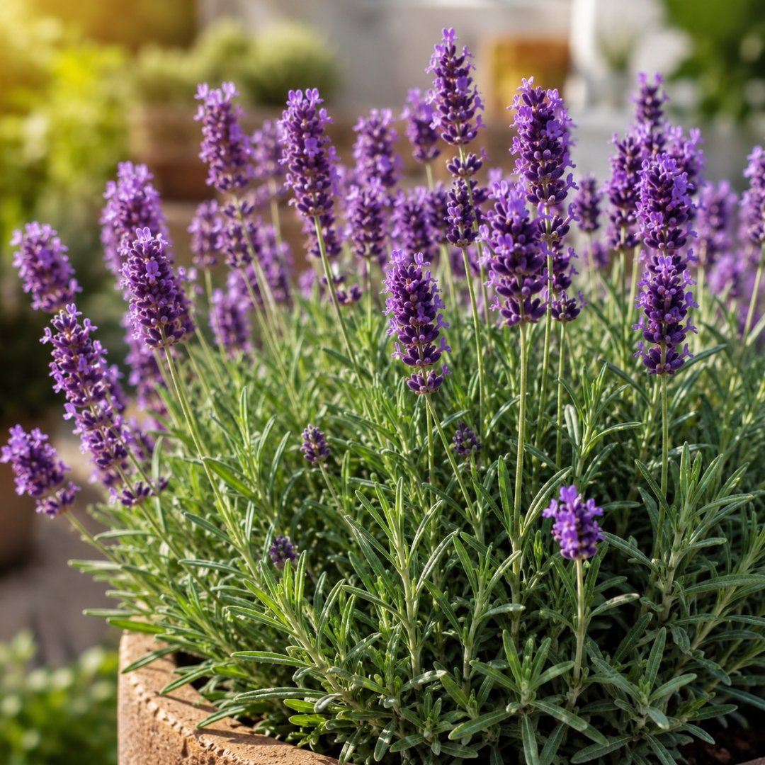 Lavanda florida em vaso com espigas roxas e folhas prateadas em jardim ensolarado