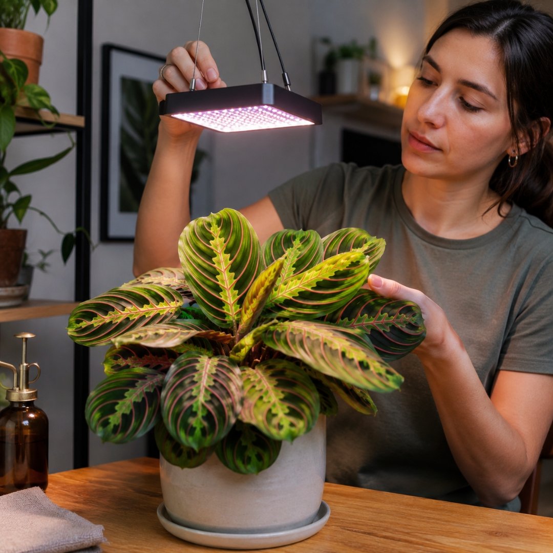 Pessoa ajustando iluminação LED de crescimento sobre uma maranta cultivada dentro de apartamento