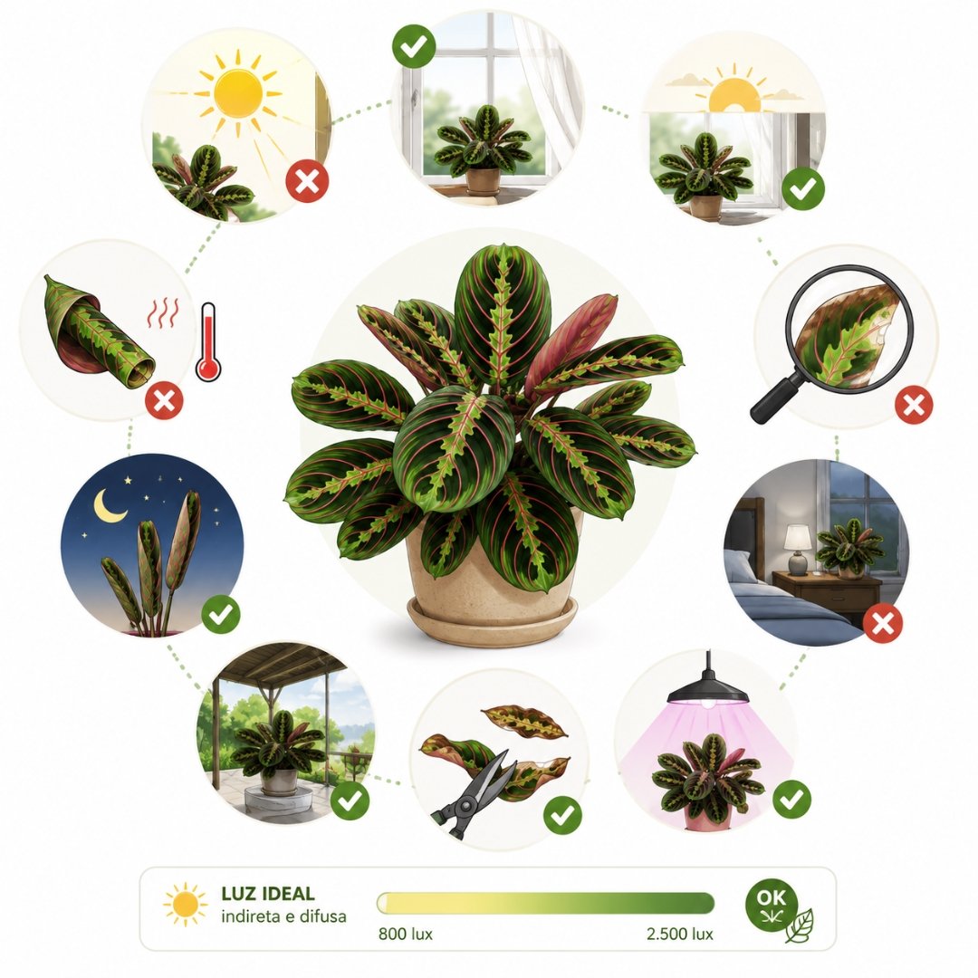 Infográfico ilustrado mostrando maranta próxima a janela com luz indireta, folhas saudáveis, folhas queimadas pelo sol e uso de cortina translúcida para filtrar a luminosidade.